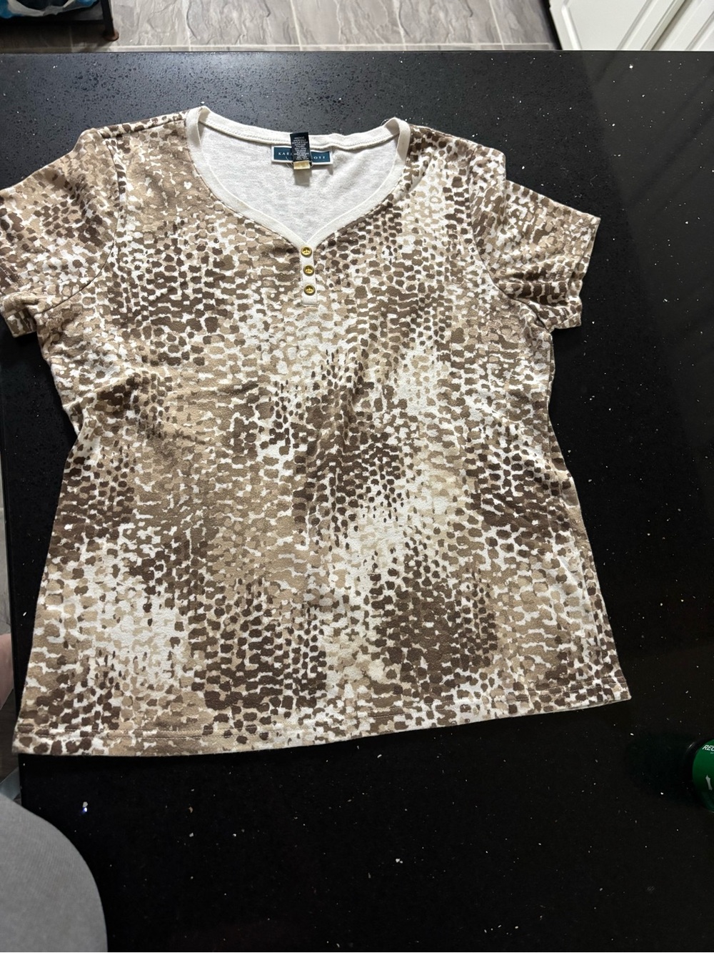 Karen Scott Brown and Cream Short Sleeve Henley Tee